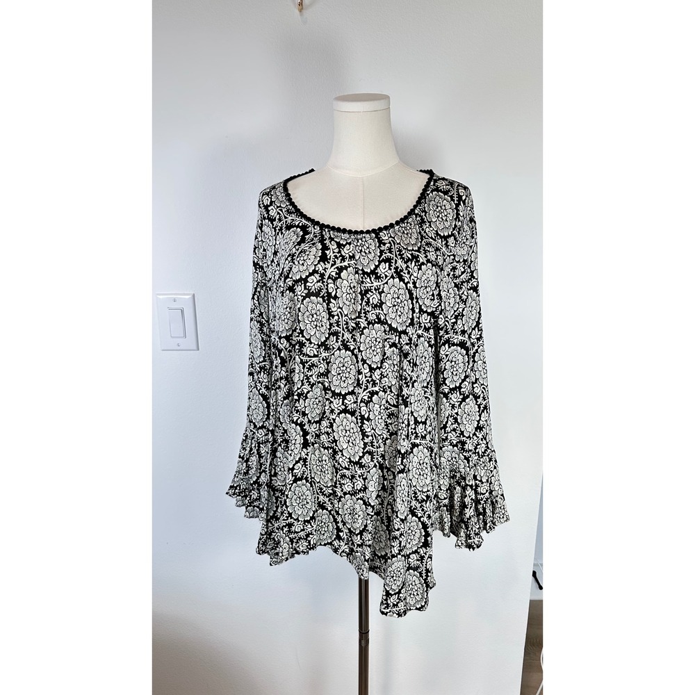 Ivy Jane Floral Peasant Tunic Women S Black Boho Bell Sleeve Top